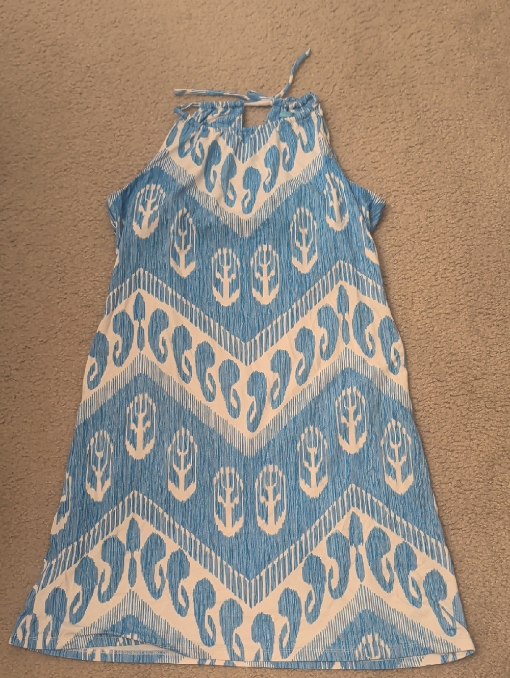 Sleeveless Blue & White Halter-Style Casual Dress